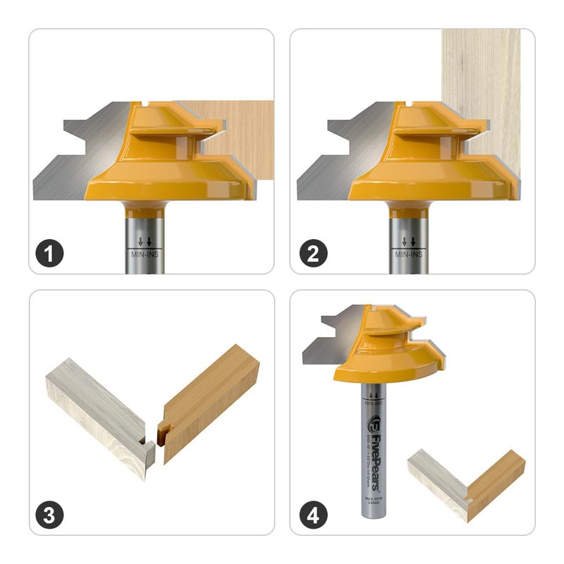 FIVEPEARS 45 Degree Lock Miter Router Bit 1/4 Inch shank,Timberlock 45 Lock Miter Router Bit 3PCS Set,for 1/2",5/8",3/4"Cutting Height,Timber Lock Router Bit Easy to Create Lock Miter Joint - Image 3